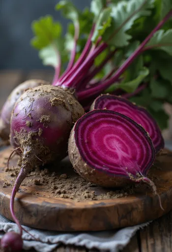 Tuberi di barbabietola fresca con foglie verdi su tavolo rustico