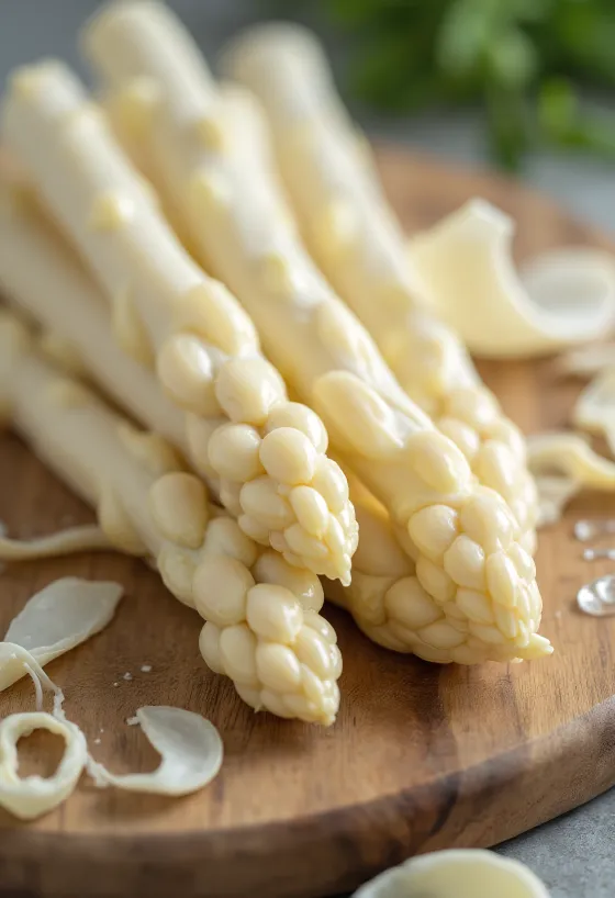 Mazzo di asparagi bianchi freschi legati con spago su sfondo rustico