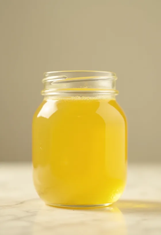 Ghee dorato in barattolo di vetro con cucchiaio di legno su superficie naturale