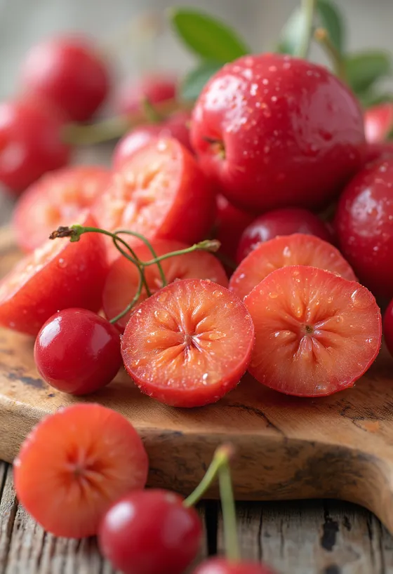 Acerola fresca intera e tagliata su superficie neutra