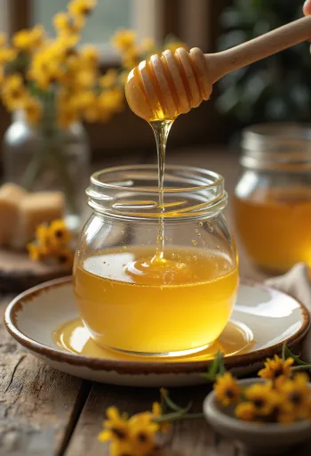 Miele di acacia in vasetto con spargimiele e fiori di acacia