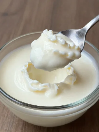 Latte fermentato in ciotola di ceramica rustica con cucchiaio