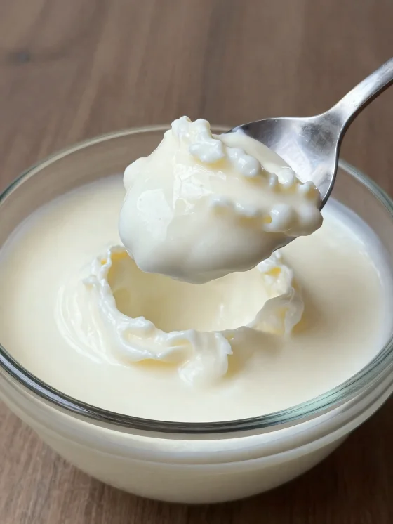 Latte fermentato in ciotola di ceramica rustica con cucchiaio