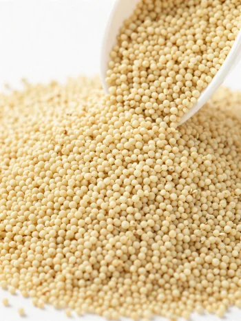 Amaranto crudo in semi piccoli e giallastri in ciotola di ceramica