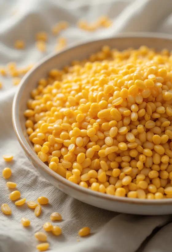 Semi di lino dorati sparsi su superficie chiara