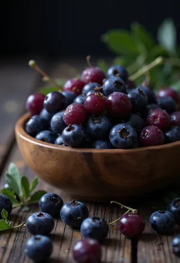 Bacche di aronia fresche intere e tagliate su superficie chiara