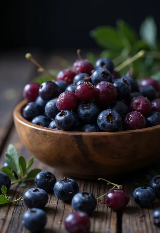 Bacche di aronia fresche intere e tagliate su superficie chiara