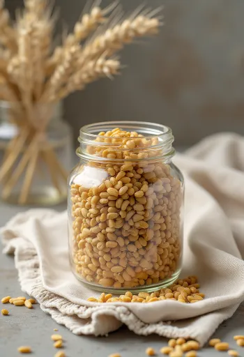 Crusca di orzo in ciotola di ceramica e sparsa su superficie cucina in legno