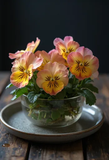Fiori di Viola del Pensiero commestibili su piatto bianco