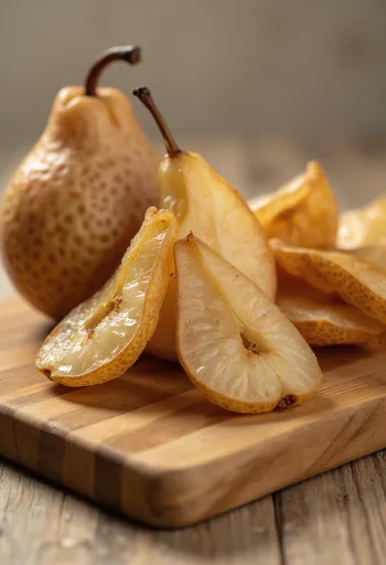 Fette di pera essiccata in ciotola con pere fresche e noci