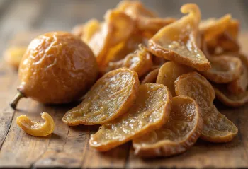 Fette di pera essiccata in ciotola con pere fresche e noci