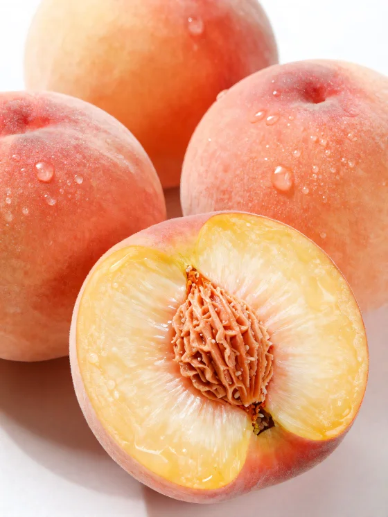 Pesche intere e a fette su tavolo di legno, accanto a un bicchiere di succo