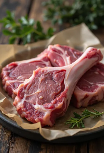 Costolette di agnello crude con osso su tagliere rustico