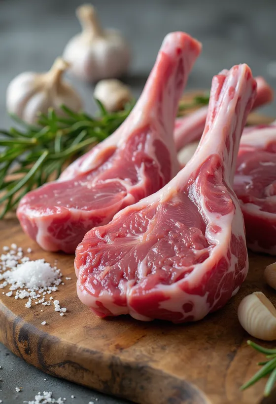 Pezzi di carne di agnello fresca con rosmarino, aglio e pepe
