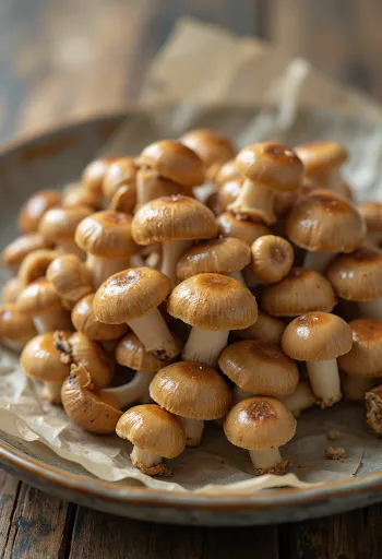 Funghi Shimeji marroni puliti e tagliati su tagliere