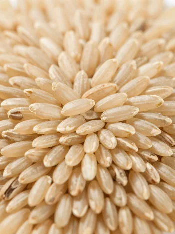 Chicchi di riso integrale crudo in ciotola rustica su piano cucina