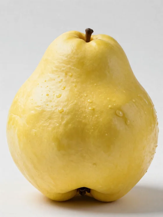 Mele cotogne intere e affettate su superficie di legno, con foglie verdi