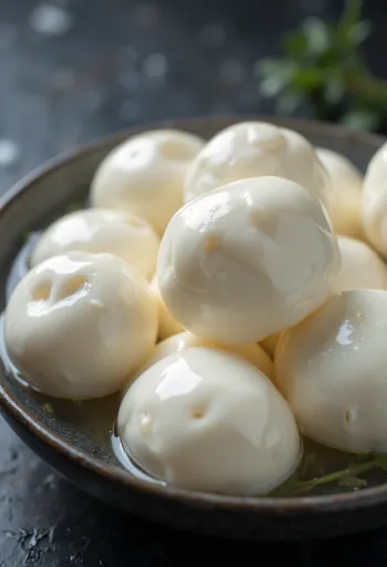 Mozzarella di bufala fresca in ciotola di ceramica su tavolo in legno