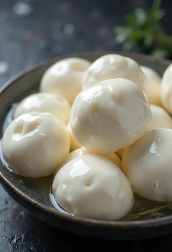 Mozzarella di bufala fresca in ciotola di ceramica su tavolo in legno