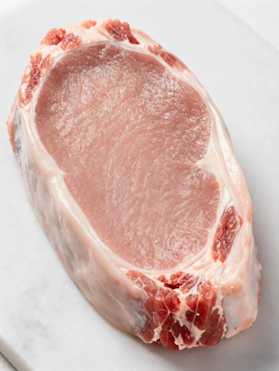 Pezzi di carne di vitello fresca chiara con spezie su tagliere di legno