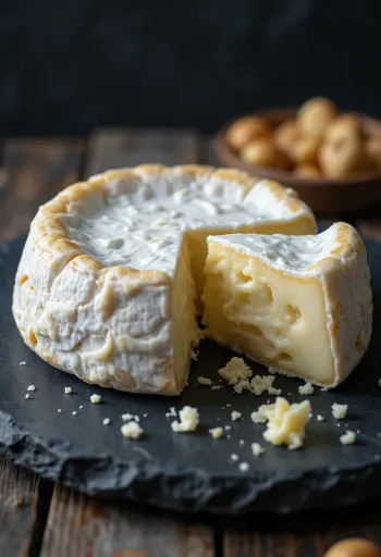 Formaggio Brie fresco in ciotola di ceramica su tavolo di legno