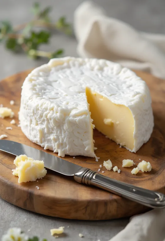 Formaggio Brie tagliato su tagliere di legno, interno cremoso