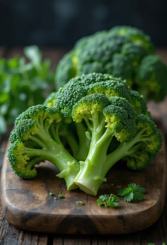 Broccoli freschi in primo piano, con gocce d'acqua sulla superficie