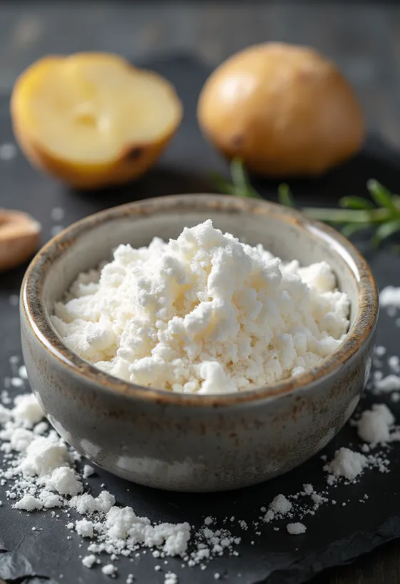 Fecola di patate polvere bianca finissima in ciotola e cucchiaio