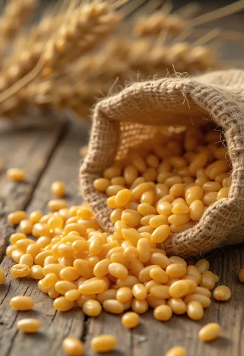 Chicchi di grano puliti in sacchetto e sparsi su superficie di legno