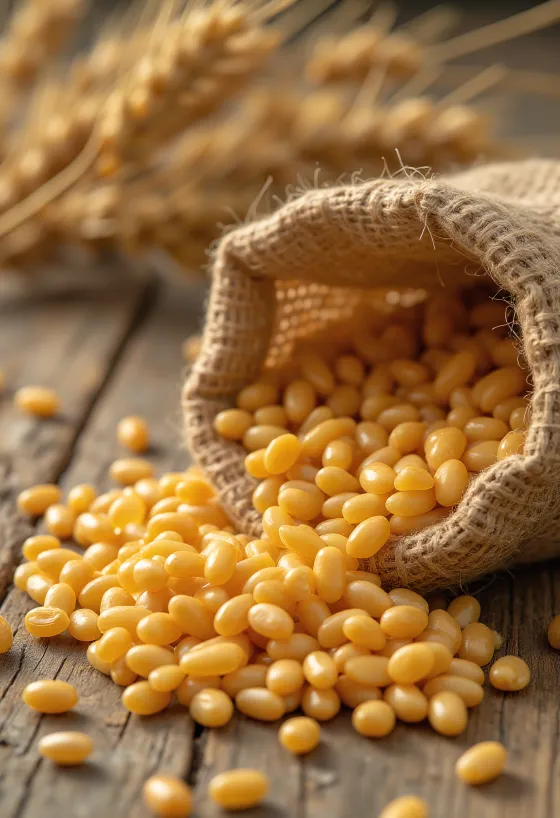 Chicchi di grano puliti in sacchetto e sparsi su superficie di legno