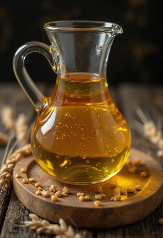 Olio di germe di grano in ciotola con chicchi e germogli