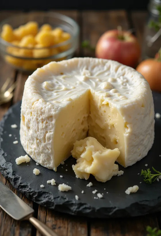 Formaggio Camembert a fette su tagliere di legno, interno cremoso
