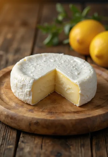 Formaggio Camembert fresco in ciotola di ceramica su tavolo di legno