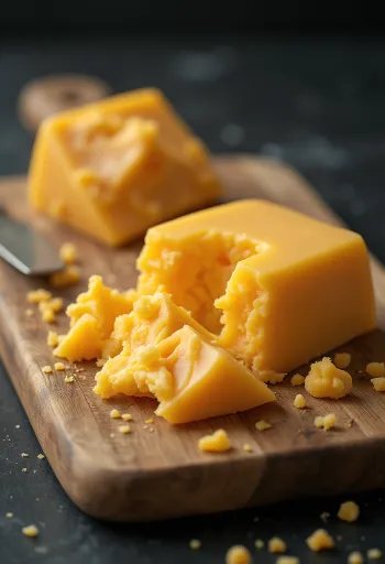 Cheddar a fette e a cubetti su tagliere di legno