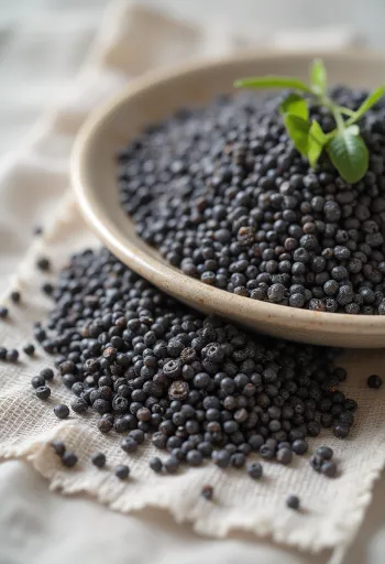 Semi di chia neri sparsi su superficie bianca, dettaglio macro