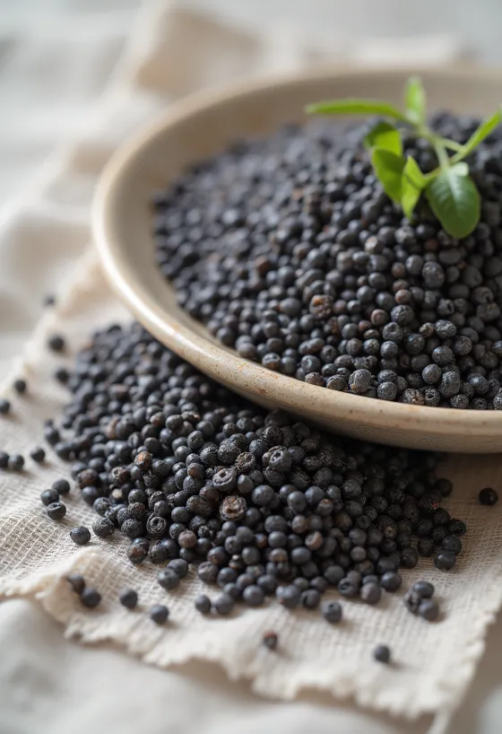Semi di chia neri sparsi su superficie bianca, dettaglio macro