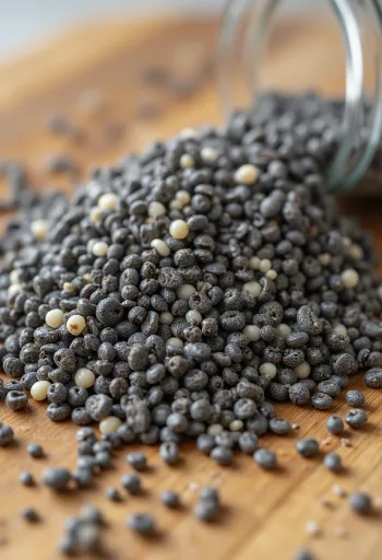 Semi di chia in ciotola di legno e cucchiaio su superficie rustica