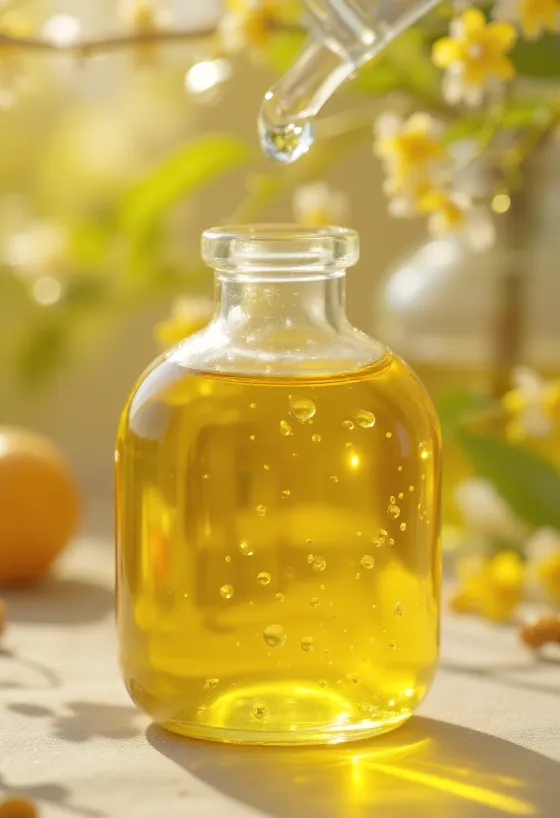 Olio di semi di chia in bottiglietta e semi di chia in ciotola di legno