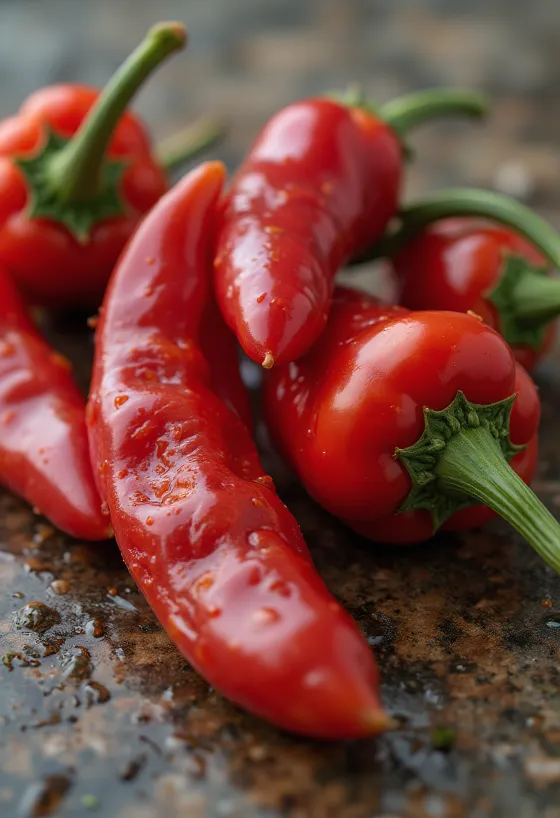 Peperoncini rossi freschi interi e a fette su tagliere di legno