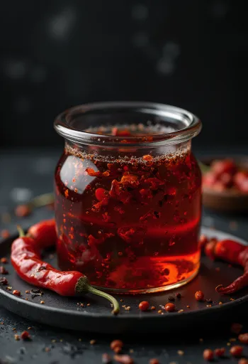 Olio al peperoncino rosso in bottiglia e ciotola con peperoncini secchi