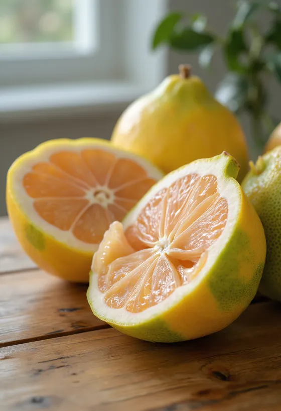 Frutti di pomelo interi e tagliati su superficie di legno rustica