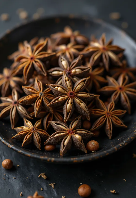 Anice stellato intero essiccato su superficie in legno