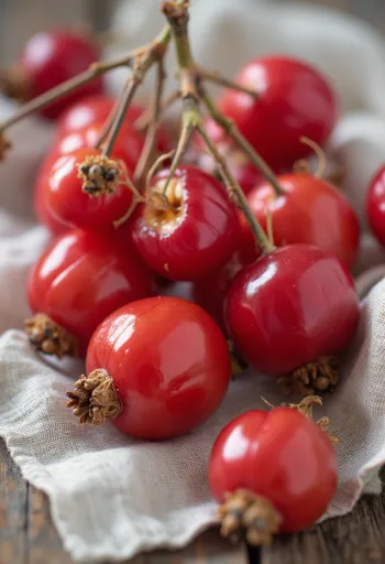 Frutti di rosa canina freschi tagliati, polpa rossa e semi su superficie rustica