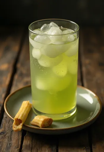 Bicchiere di succo di canna da zucchero fresco con pezzi di canna tagliata