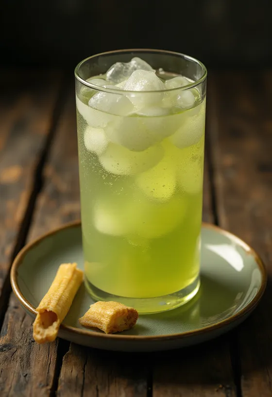 Bicchiere di succo di canna da zucchero fresco con pezzi di canna tagliata