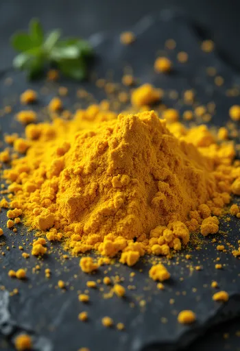 Polvere di curry giallo oro in ciotola e sparsa su tavolo di legno