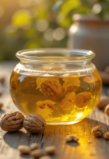 Olio di noci in bottiglia di vetro con gherigli di noci