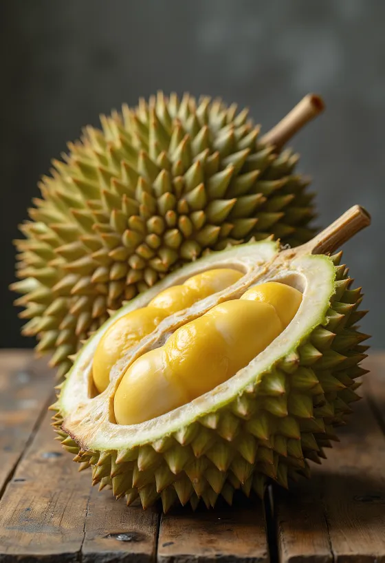 Frutto durian intero e tagliato con buccia spinosa e polpa cremosa