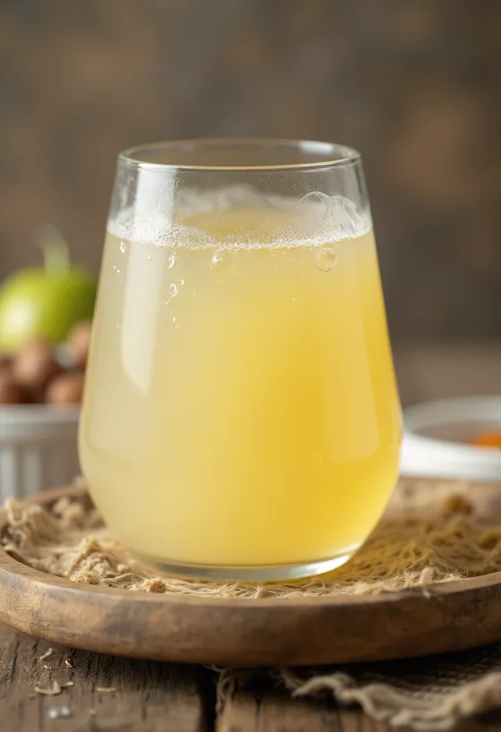 Ciotola di vetro con siero di latte dolce e bottiglia su sfondo rustico