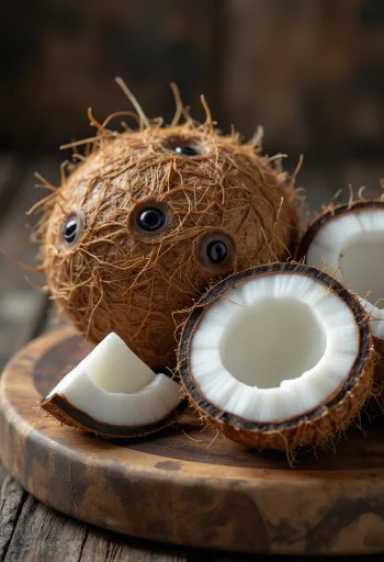 Noci di cocco intere e aperte con polpa bianca visibile